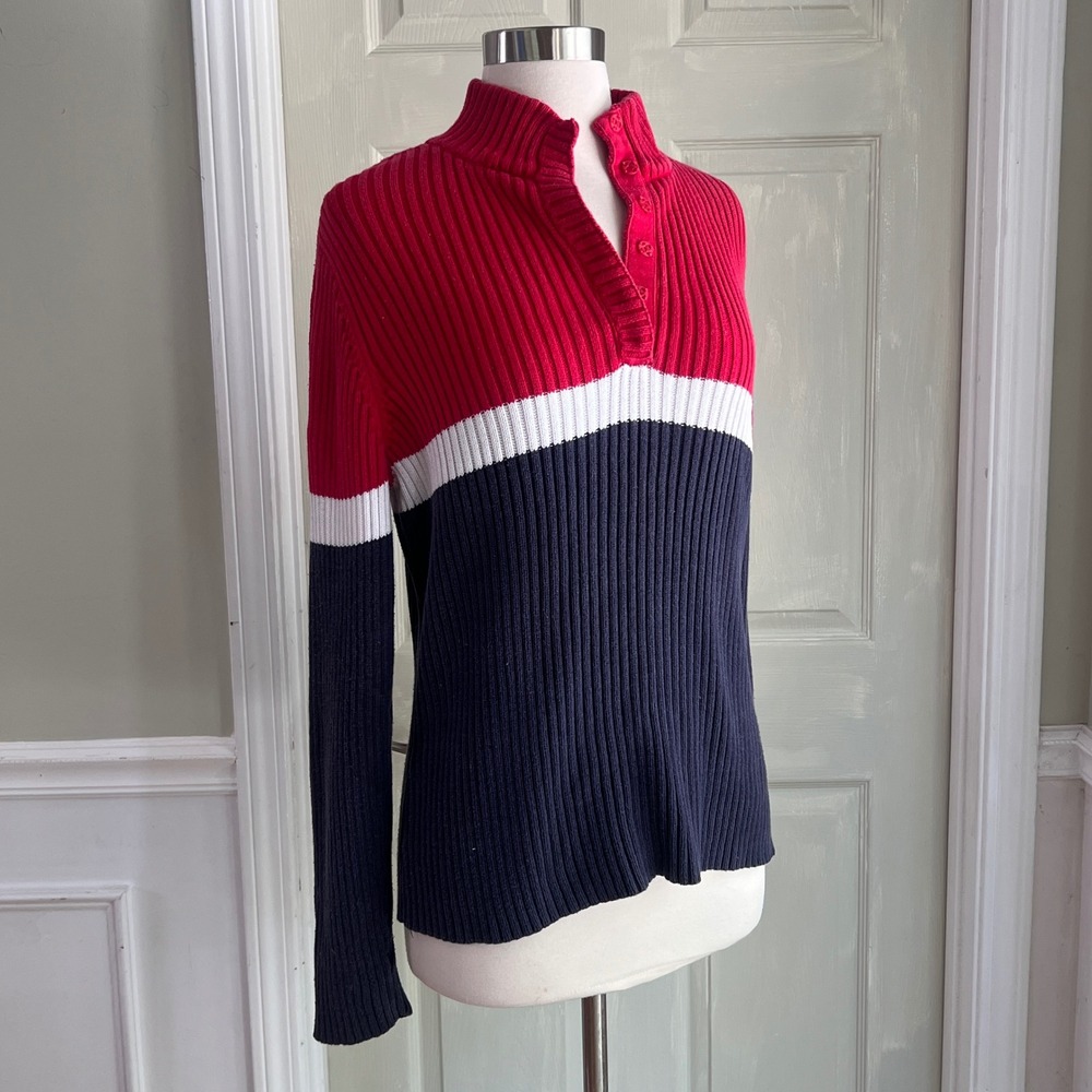Tommy Hilfiger Henley Sweater L Women Vintage Distress Colorblock Red Navy Blue